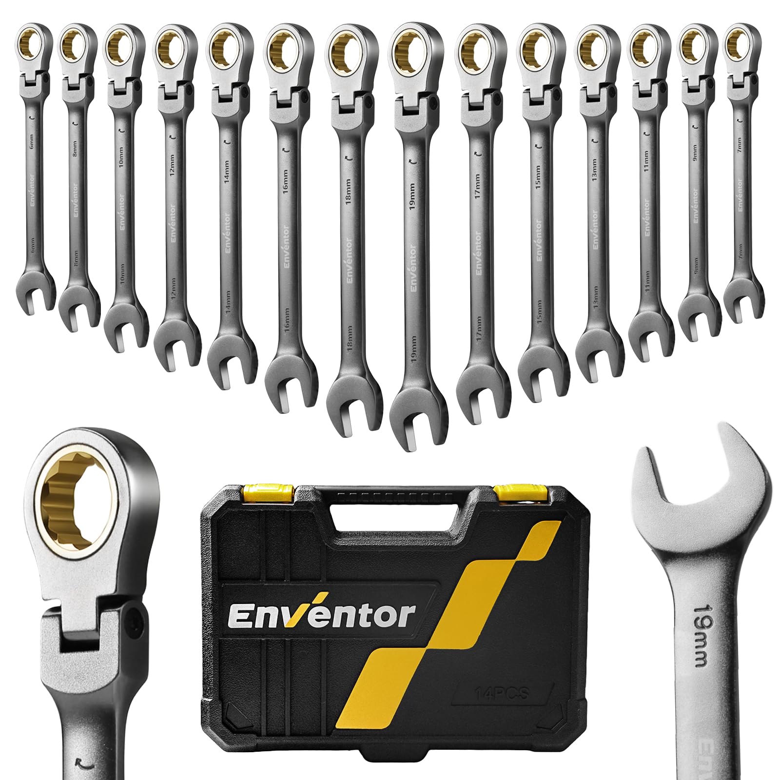 Enventor Llaves Fijas con Carraca de 14pcs, Juego de Llaves Combinadas con Carraca 6mm a 19mm, Acero Cromo Vanadio, Niquelado Negro, 90T, Cabezal Giratorio de 180°, Arco de Giro de 4°, Caja Global Recycled Standard Global Recycled Standard Global Recycled Standard