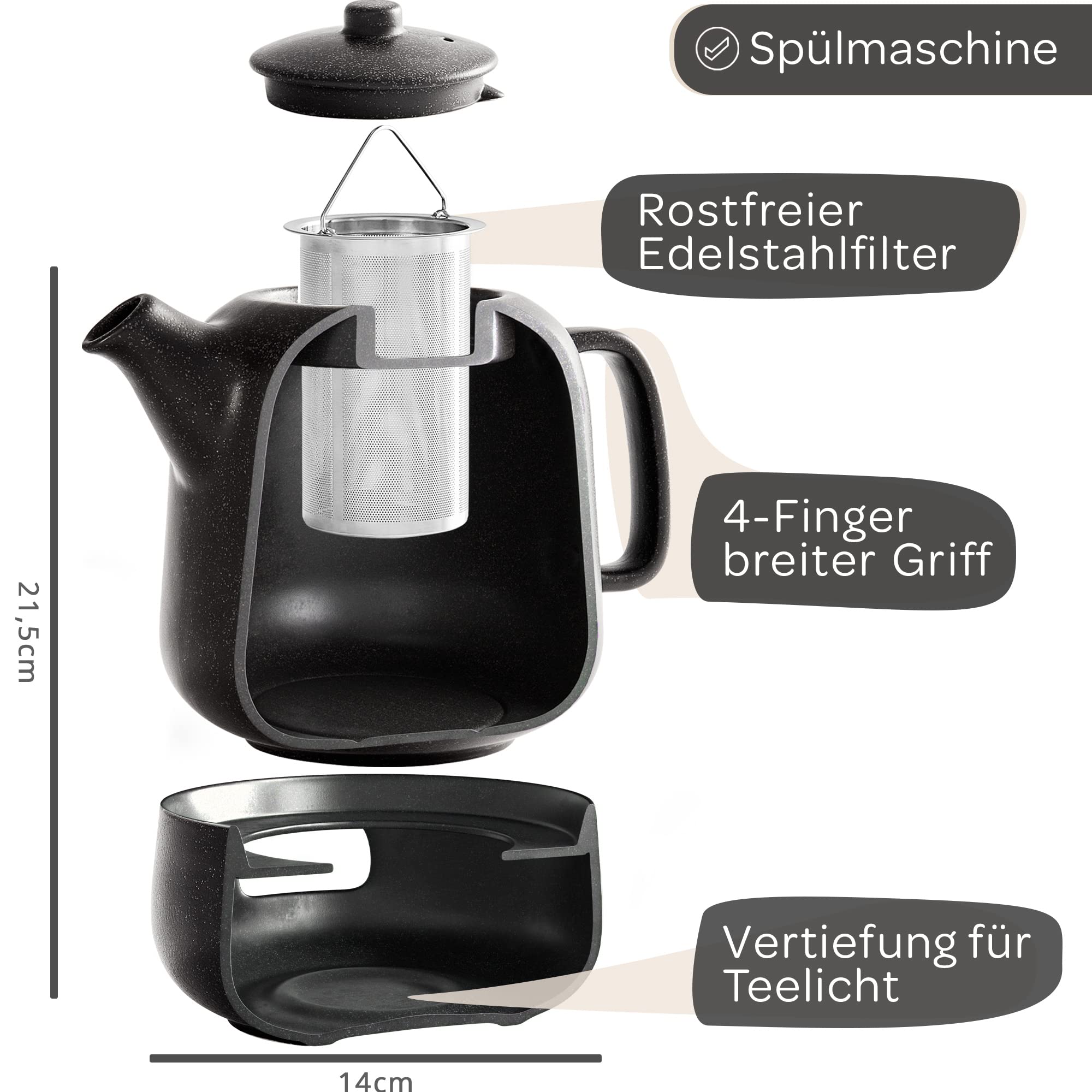 STEINZEIT Design Teekanne mit Stövchen (1,3L) – mit Siebeinsatz aus rostfreiem 304 Edelstahl – Keramik mit einzigartiger Glasur mit Sieb herausnehmbar , schwarz