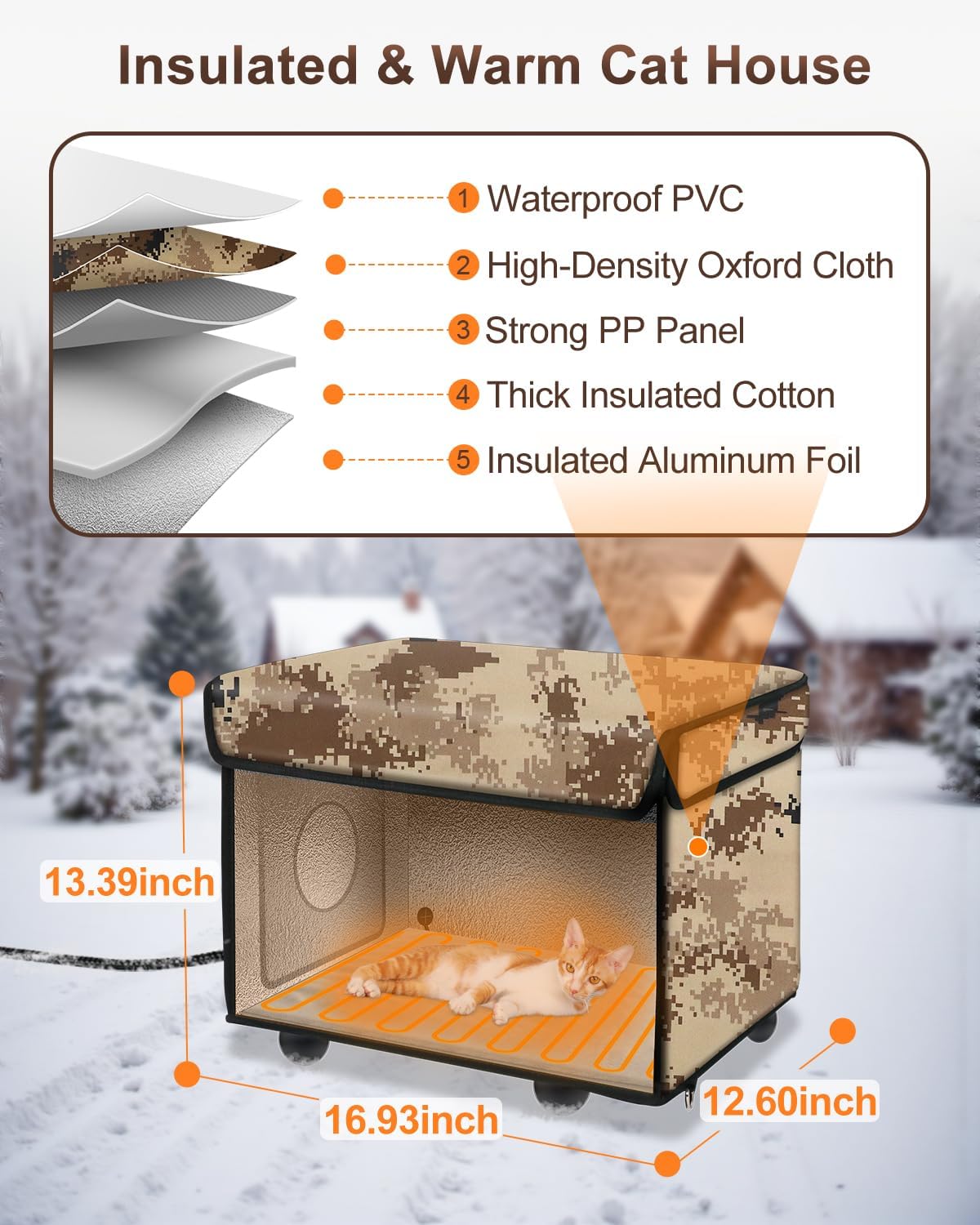 Sturdy Outdoor Heated Cat House for Winter, Insulated Heated Cat House for Outside with Two Door, Feral Cat Shelter with Waterproof Awning, Outdoor Cat House Barn Stray Kitty