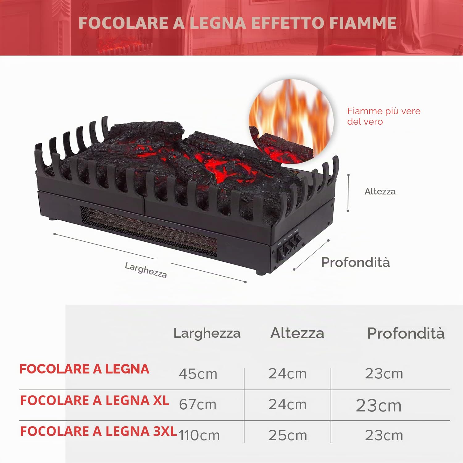 CHEMIN'ARTE Camino elettrico con Effetto Fiamma XL - LED - Legno Sintetico - 67 x 23 x 24 cm - Fuoco Elettrico - Riscalmento 2000W