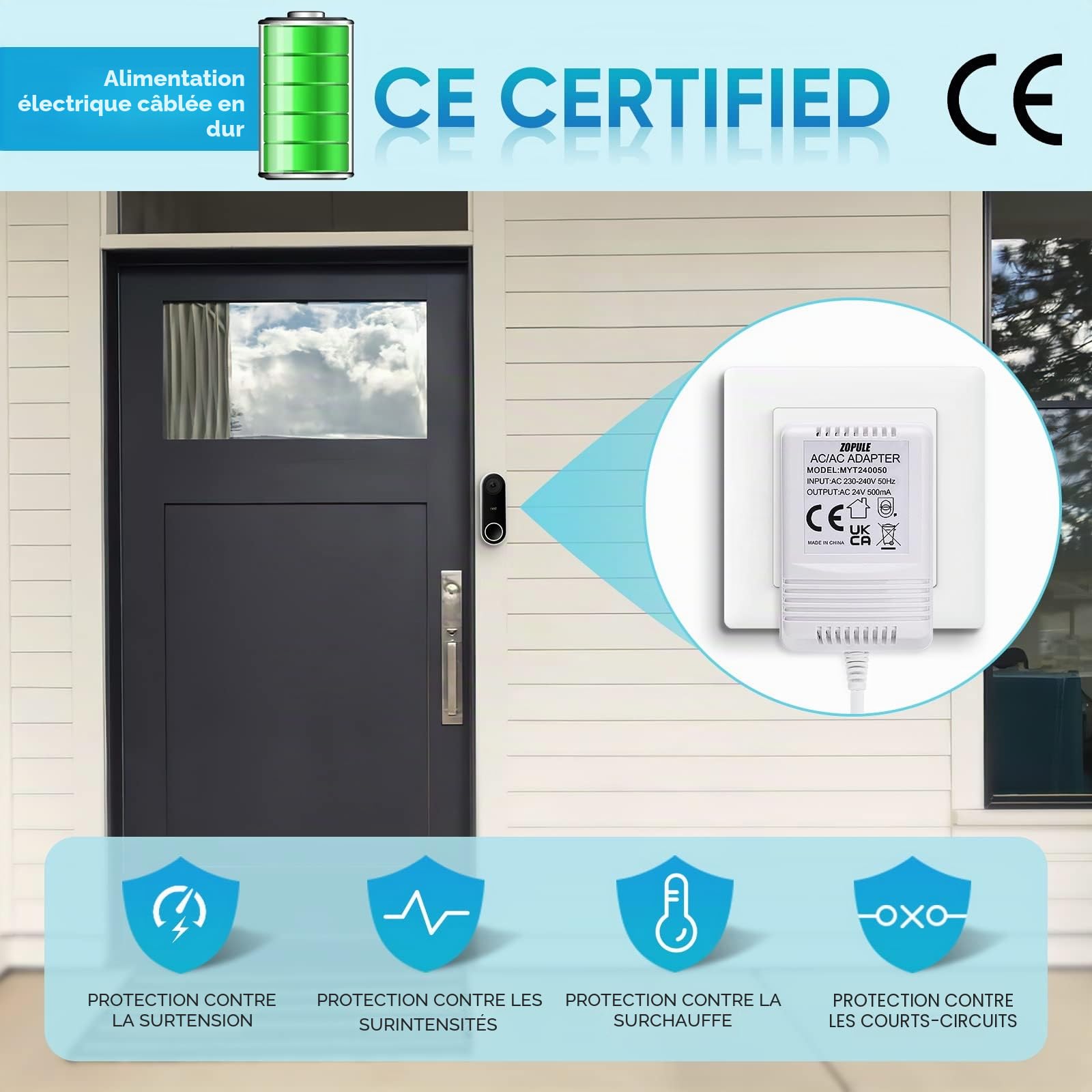 Transformateur de sonnette 24 Volt 500mA compatible avec Ring,Nest, Arlo,Eufy,Nest,Wyze Doorbell,Adaptateur defilen C pour Nest,Ecobee,Sensi,Honeywell Thermostat