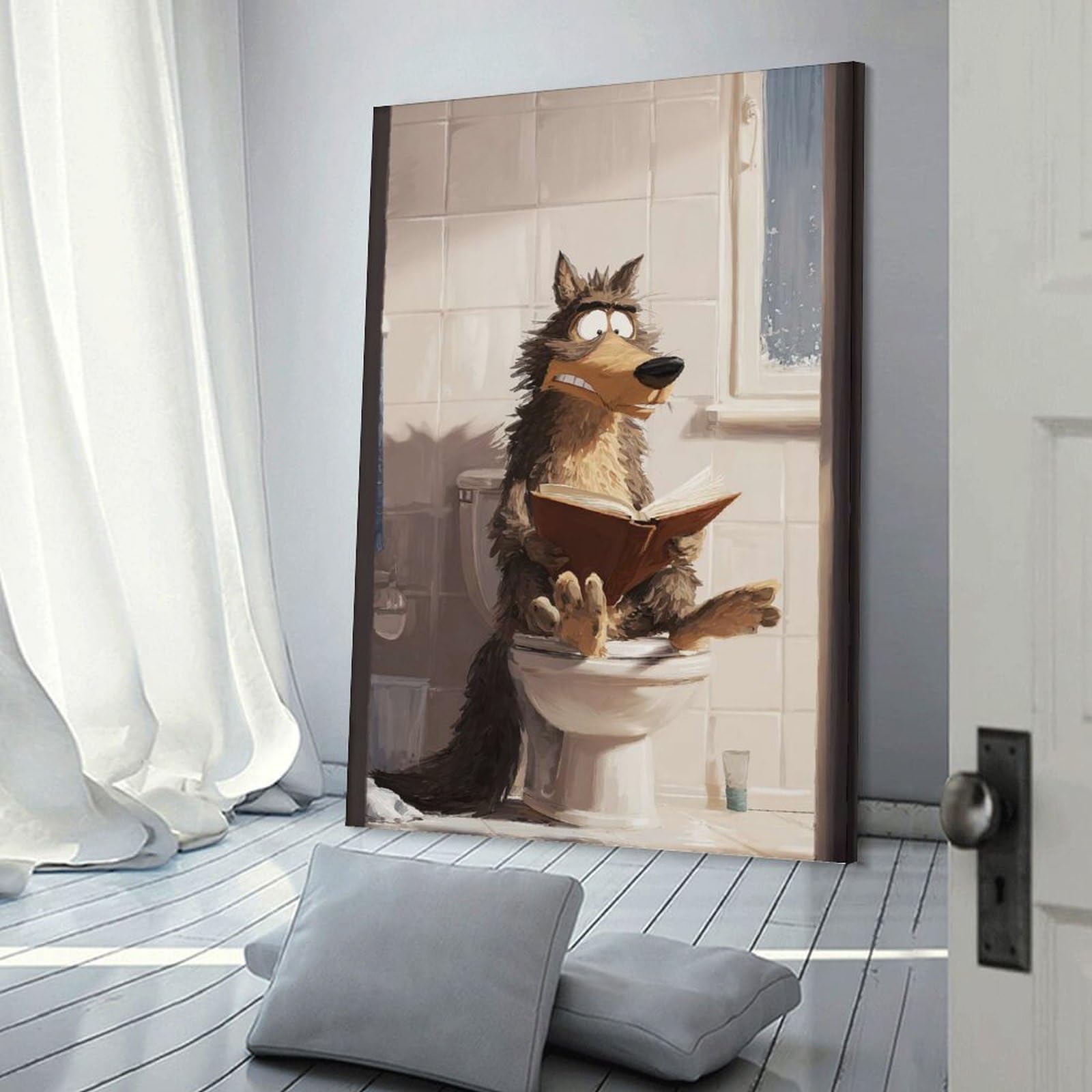 Junmoney Canvas Wall Decor Wolf Reading on Toilet Poster, Picture, Metal Print, Paint by Creed, 16x24inch(40x60cm), for Flats, Guest Rooms Or Compact Rooms, Wall Decor with Flexible Room Appeal