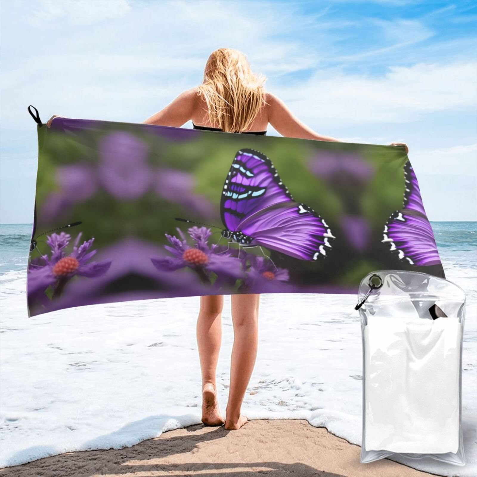 Toalla de playa portátil de secado rápido con mariposas moradas para gimnasio