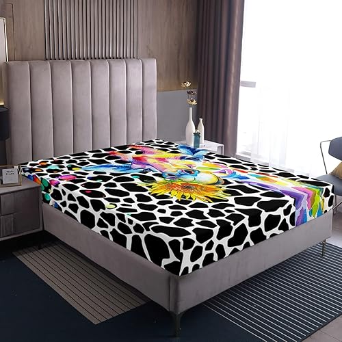 Miniatura 4 de Erosebridal Sábana bajera ajustable de jirafa arcoíris tamaño Queen, lindos animales, sábanas con estampado de jirafa negra y blanca, hippie, teñido