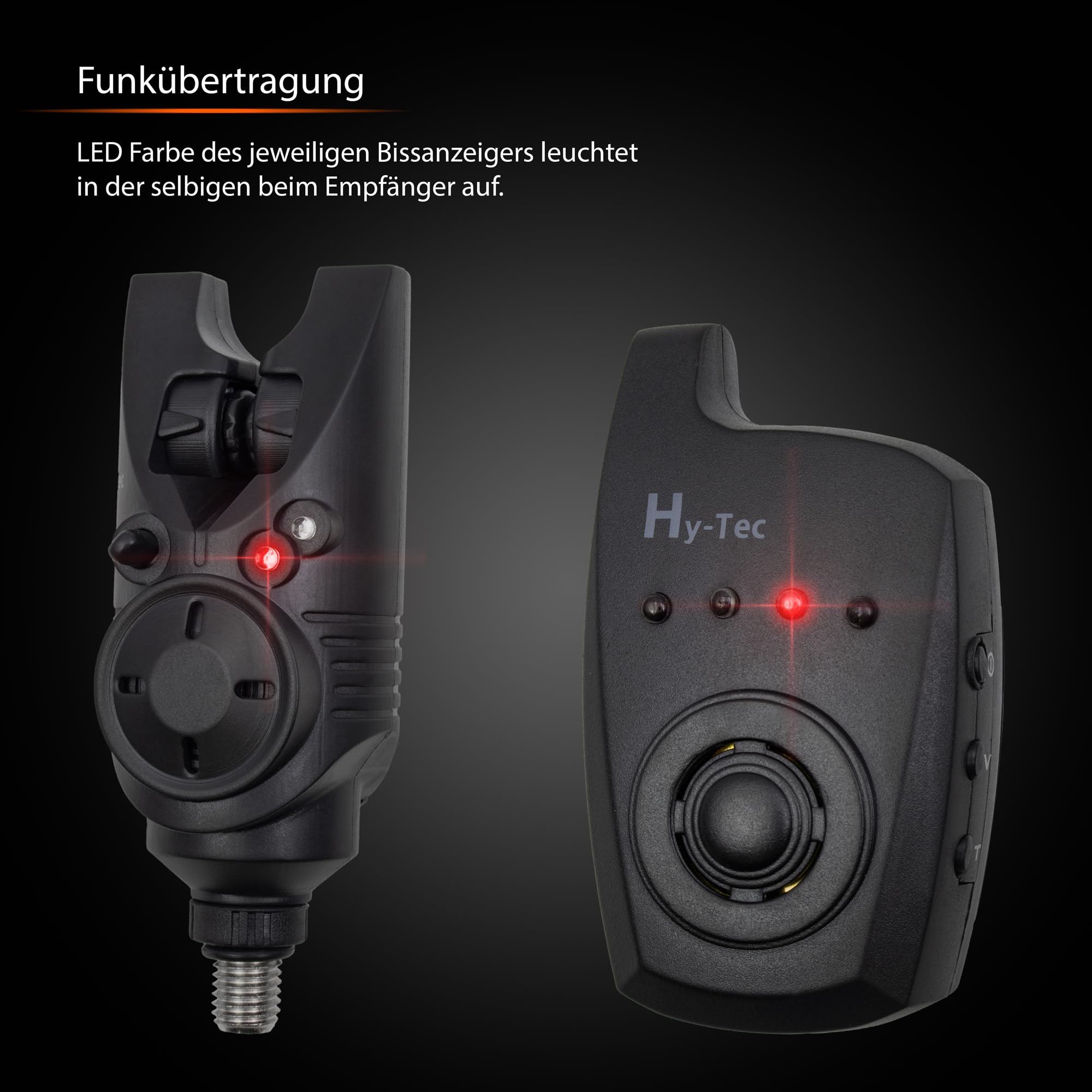Funkbissanzeiger Set Hy-Tec 3+1 150m Reichweite für Karpfenangeln | 3+1 Set mit Empfänger im Koffer, 150m Reichweite, 4 Lautstärken & Töne, wetterfest – fürs Karpfen-Ansitzangeln