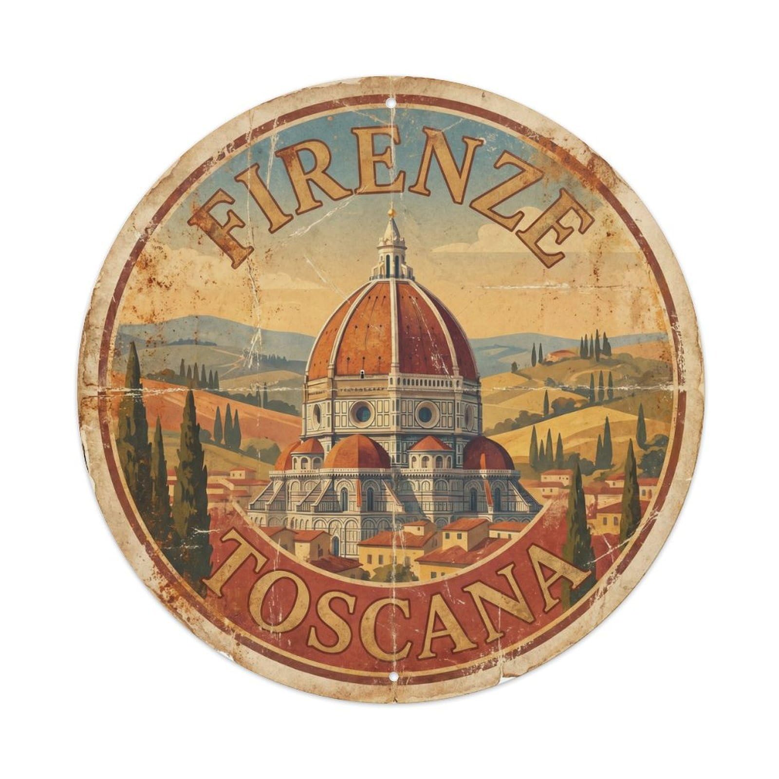 Vintage Travel Florence Duomo Cathedral 3 Metal Tin Sign Plaque Wall Decor for Cafe, Club Bar, Office, Home Garden Round Metal Poster 8x8Inch
