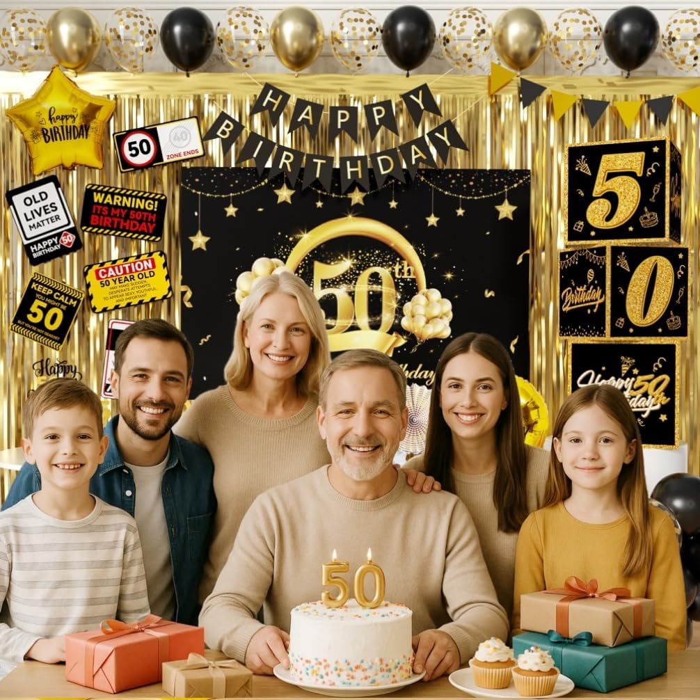 50th Birthday Party Decorations to 50 Years Old Party Supplies for Men with Balloons Garland kit, 50th Birthday Backdrop, Happy Birthday Banner, Foil Balloons and Curtains - Image 4