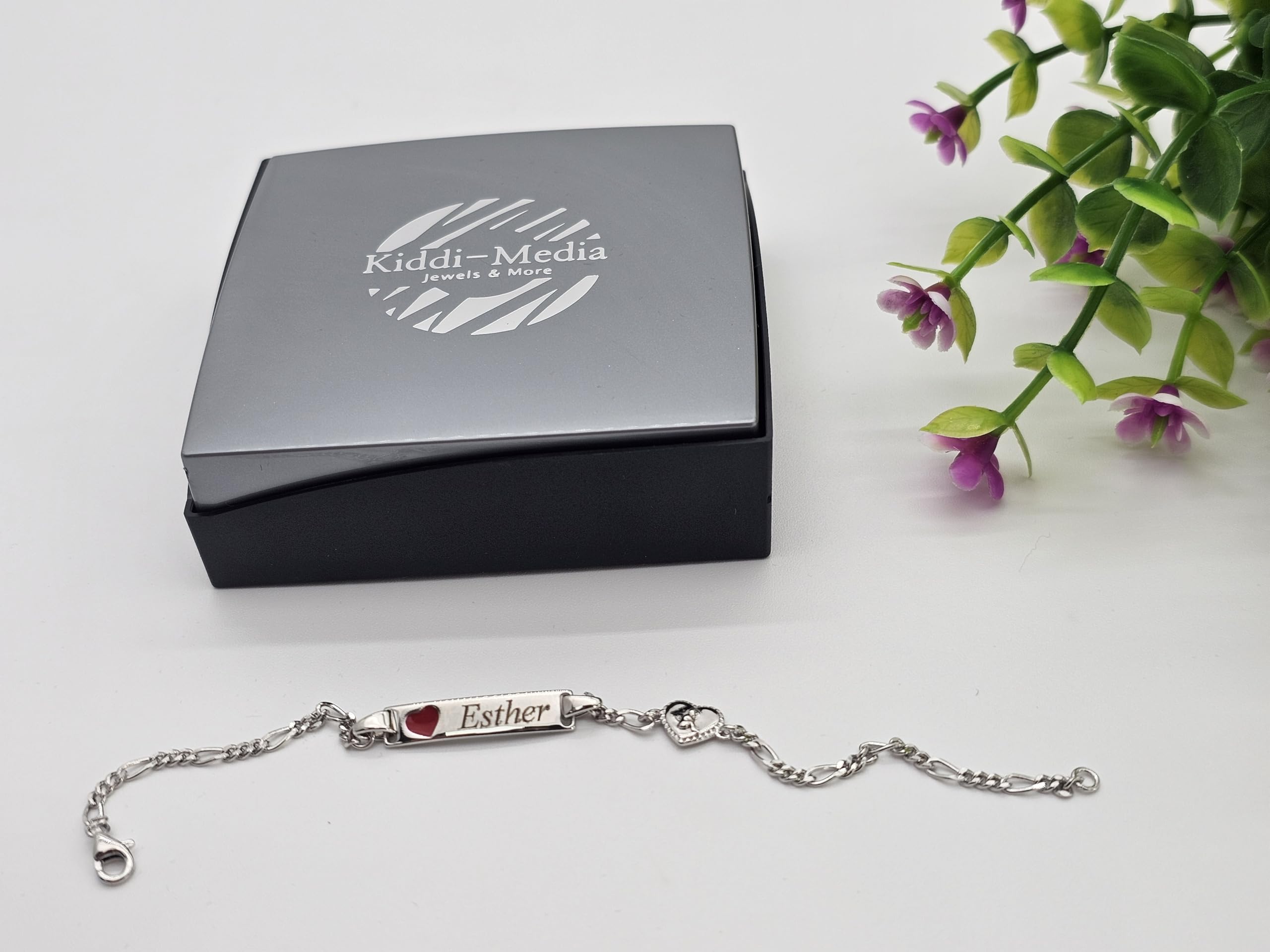 KIDDI-MEDIA Bracelet gravé nom pour bébé/enfant - argent 925 avec cœur rouge et ange / 16 cm/complet avec boîte cadeau