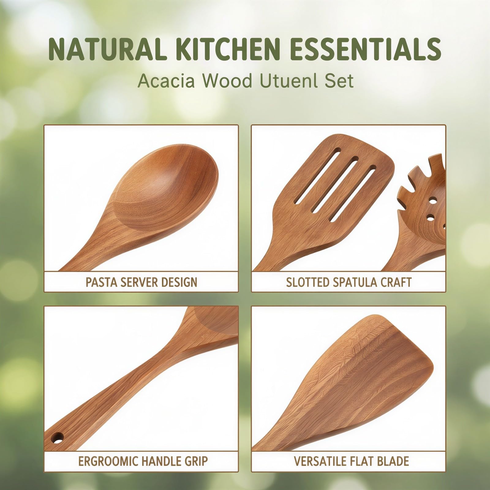 Generisch 5 TLG Holz Kochutensilien Set aus Akazienholz, 32 cm Küchenhelfer mit Pastaheber, Salatgabel, Schaber und Pfannenwender, geeignet für antihaftbeschichtete Pfannen, zum Rühren und Servieren