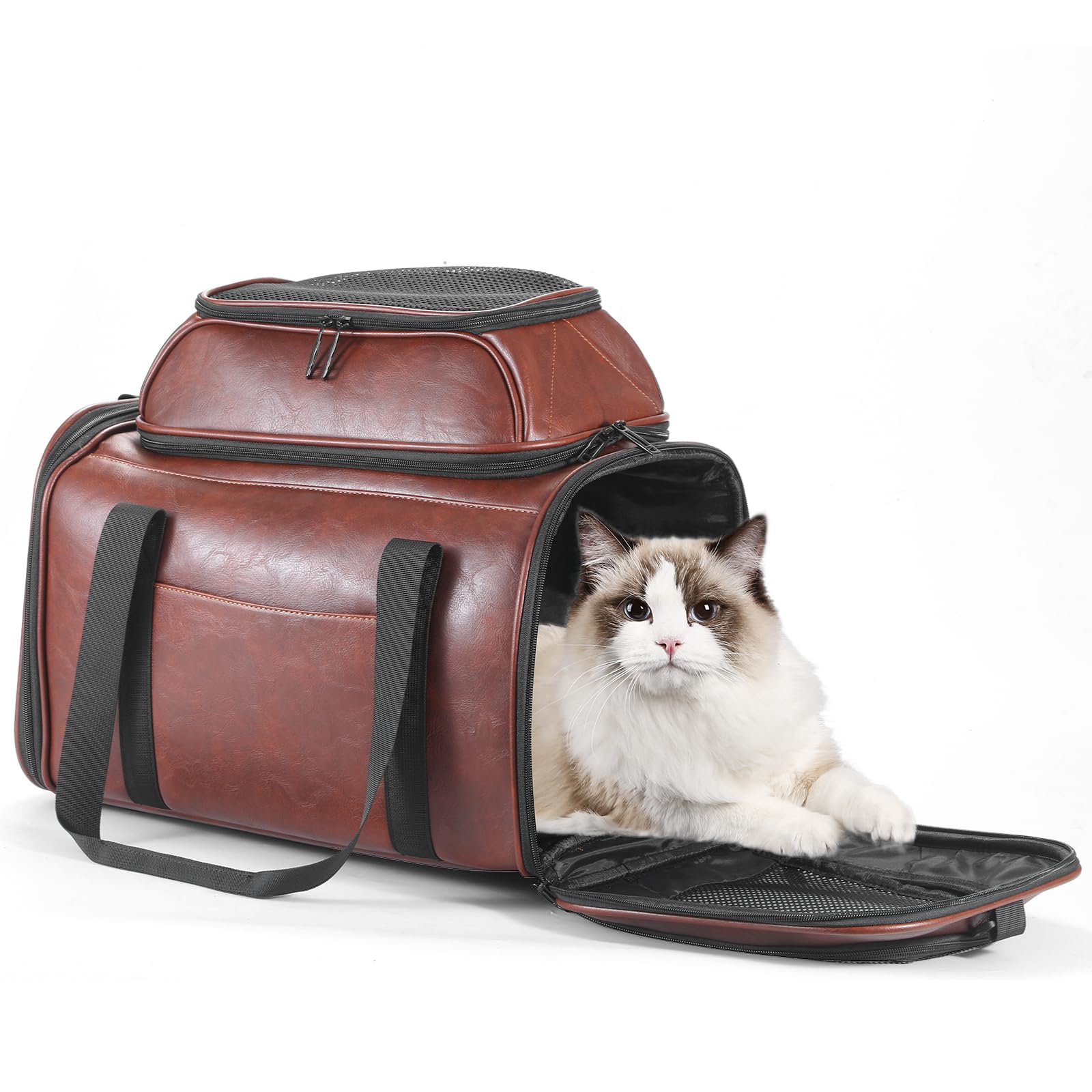Premium Leather Top Expandable Pet Carrier for Small Dogs & Cats Under 15 lbs, Airline Approved Collapsible Soft-Sided Luxury Travel Bag Coffee - image 8