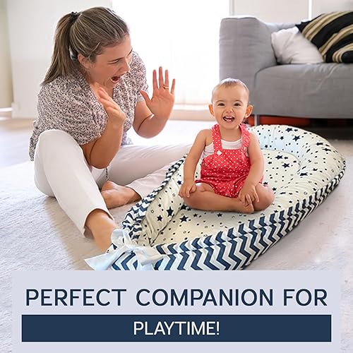 Miniatura 4 de Aila+Aiden Nido para bebé, tumbona de algodón orgánico para bebé, reversible, transpirable, ajustable, portátil, colección Star (azul)