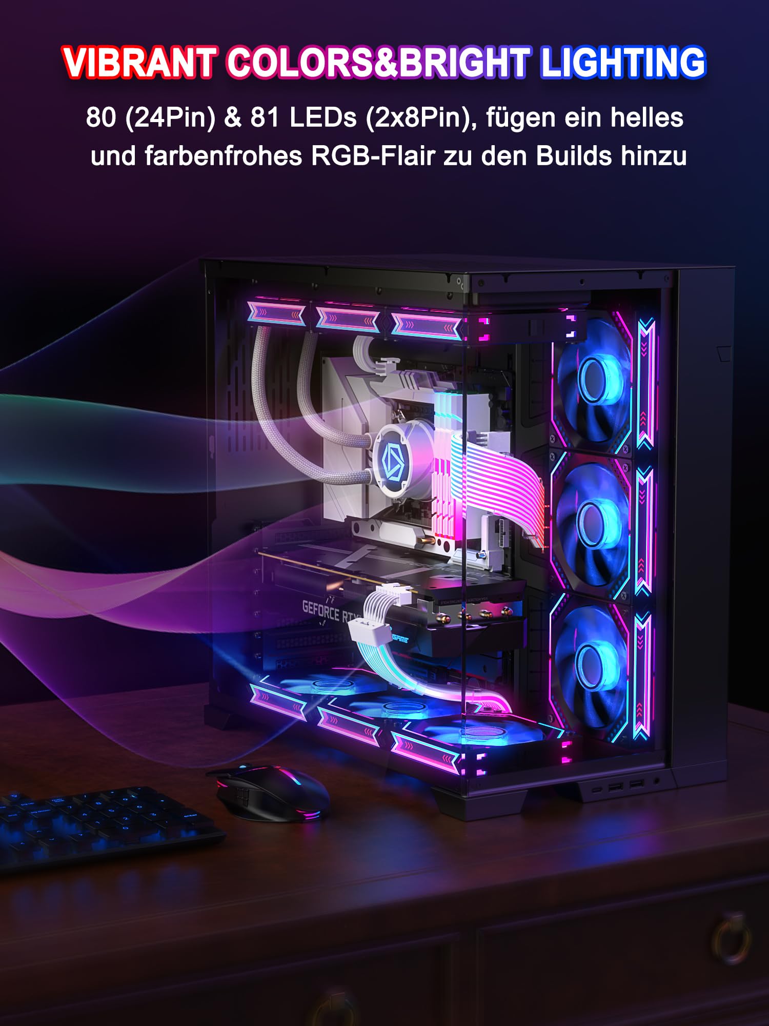 Sirlyr RGB PSU-Kabelverlängerung, ARGB PC-Netzteilkabel mit weichen LED-Streifen und PVC-ummanteltem Verlängerungskabel, 16AWG 24 Pin ATX Dual 8 Pin PCIE Set | 16 AWG PVC-ummanteltes Kabel, 24-poliger ATX und Dual-8-poliger PCIe, integrierte ARGB-LED-Stre