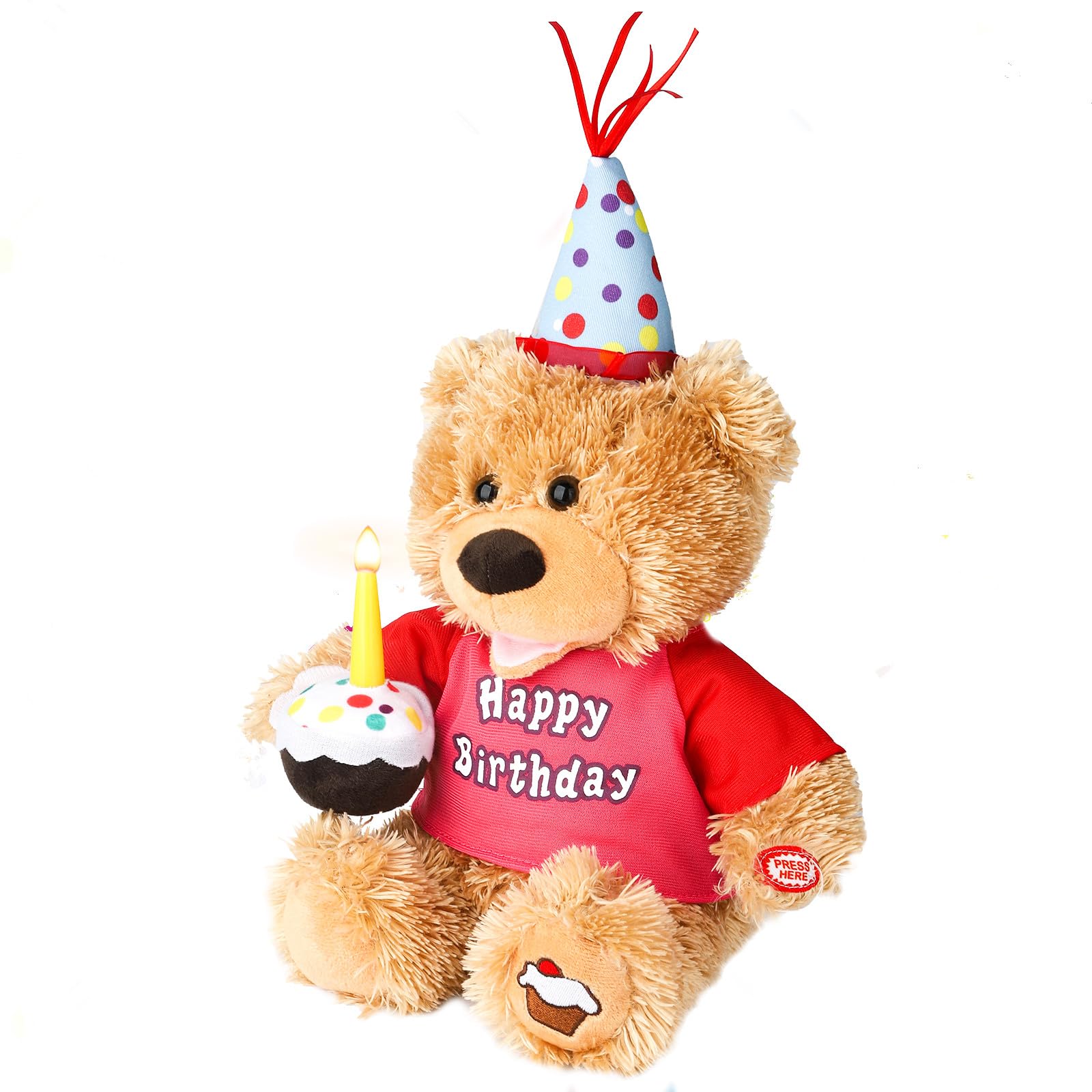 Dancing Singing Happy Birthday Interactive Teddy Bear Stuffed Animal W/Cupcake,Singing Stuffed Animals Musical Animated Plush Toy W/Glow Candle, Teddy Bear Birthday Gift for Kids Adults,12"
