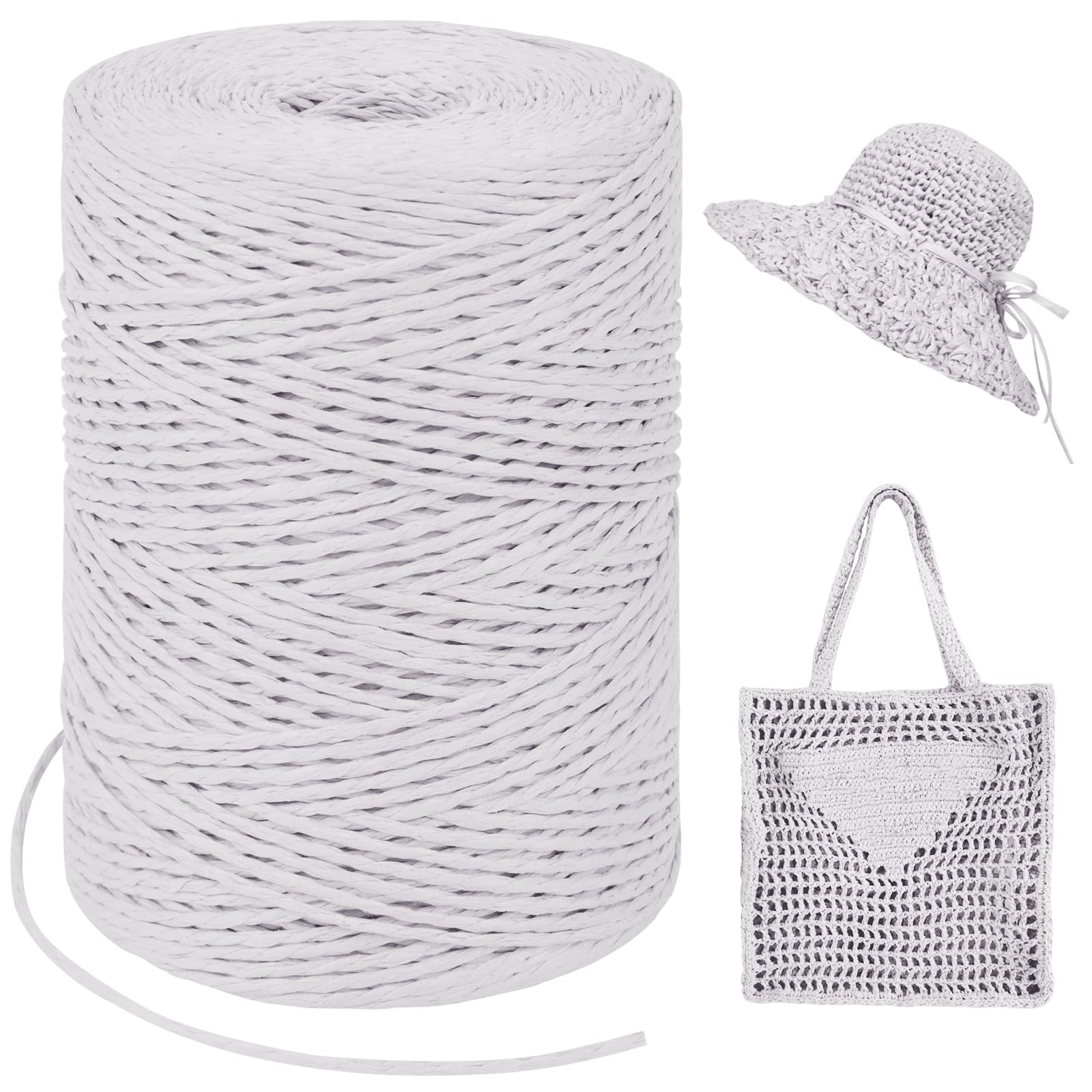 White Raffia Yarn for Crochet Bags, 1.5mm x 328 Yards Round String Raffia Ribbon for Gift Wrapping, Raffia Paper Ribbon Yarn for Crocheting Sun Hat, Bag, DIY Crafts, Holiday Decoration