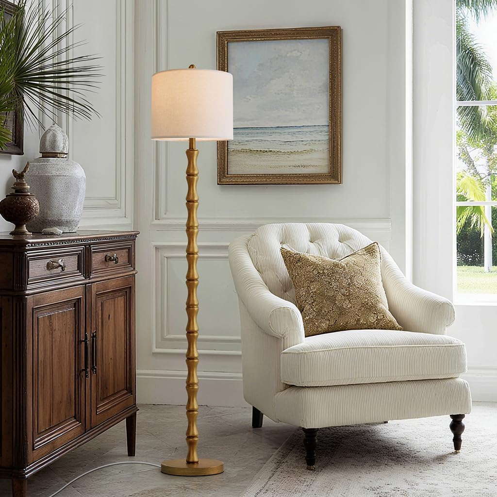 BOBOMOMO 62" Rustic Farmhouse Floor Lamp Antique Gold with Remote & Dimmable 9W Bulb, 3 Color Temperatures Resin Standing Lamp, Retro Tall Lamp for Living Room, Bedroom, Nursery, Office, Reading Nook