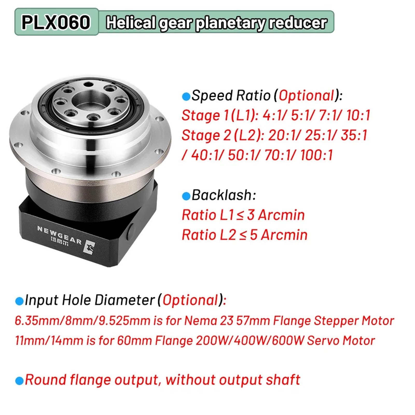 Planetengetriebe mit Flanschausgang, Stirnradgetriebe, 60 mm, 400 W, Servo, Nema23, Schrittmotor, Präzisionsgetriebe, 1 Stück(Ratio 100 to 1,8mm Input)