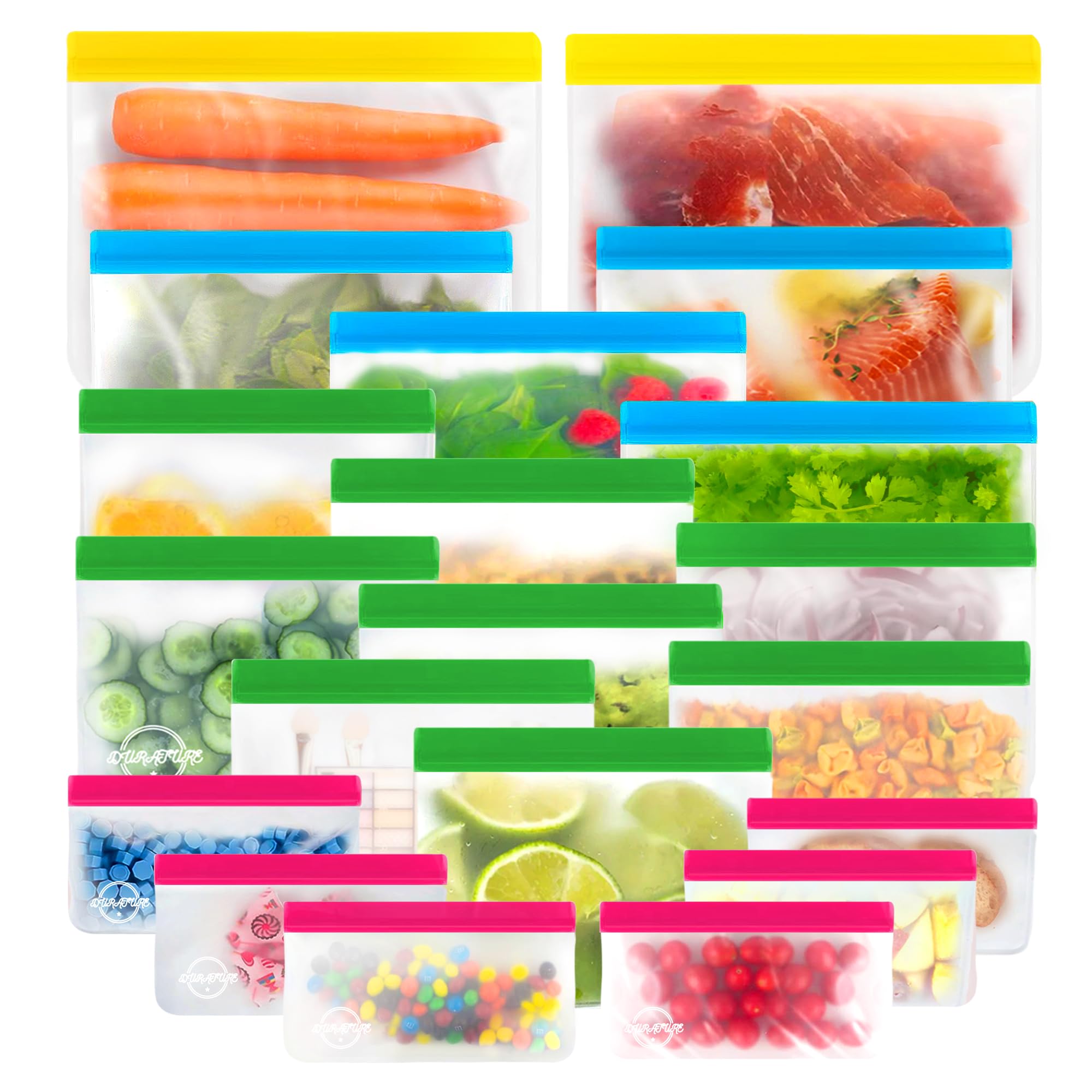 DURATURE 20 Pack Reusable Freezer Bags- 2 Large, 4 Medium Reusable Food Storage Bags, 8 Reusable Sandwich Bags, 6 Small Bags for Travel, Snacks, Jewelry & Cosmetics