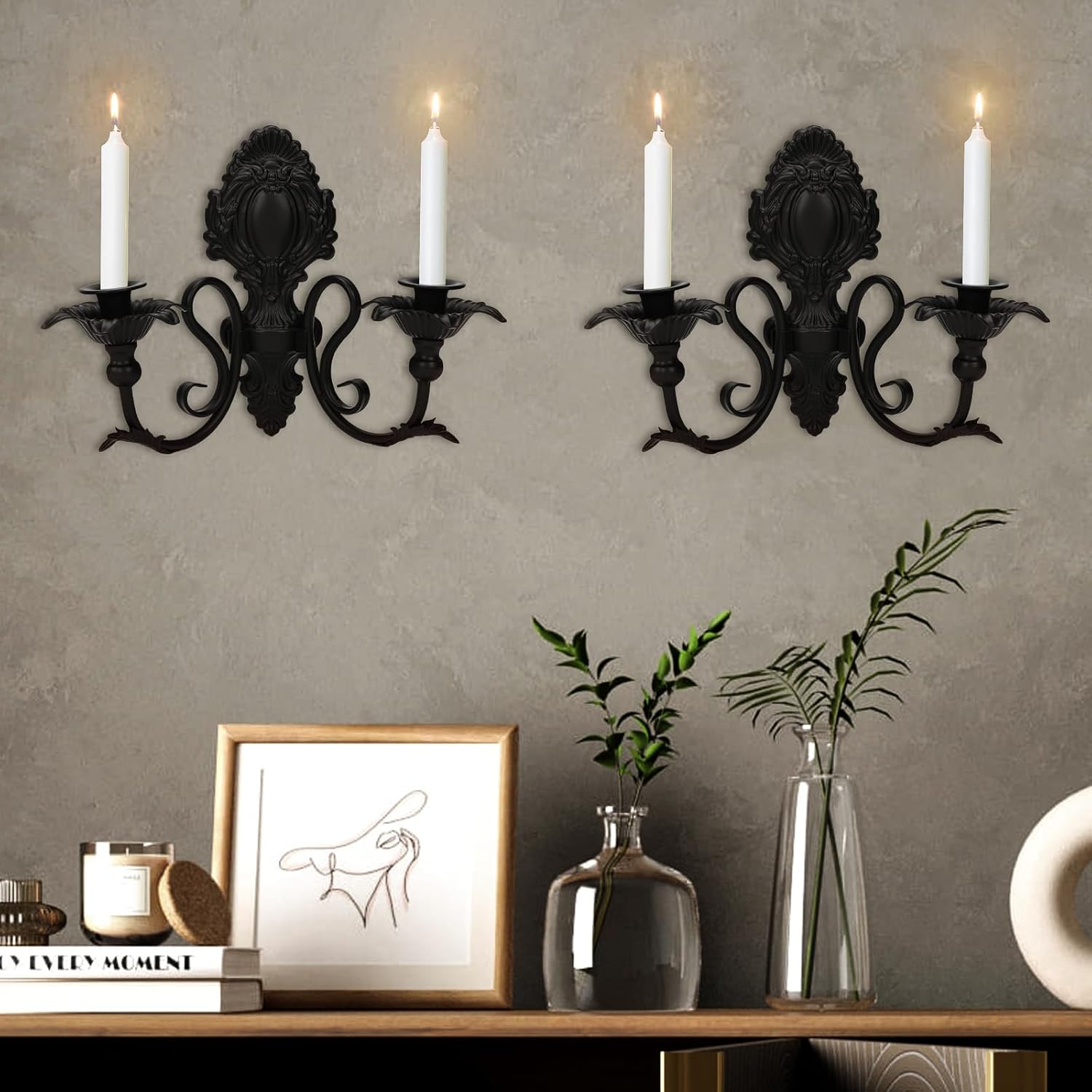 jxgzyy Candle Sconces Set of 2 Wall Candle Holder Metal Candle Sconces Vintage Wall Mount Candle Holder for Living Room, Dining Room, Farmhouse, Fireplace, Wedding (Black 1)