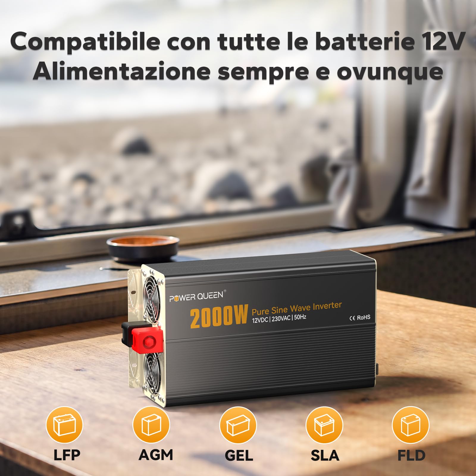 Power Queen Inverter da 2000 W, sinusoidale puro da 12 V su 230 V, con display LCD + telecomando, 2 prese AC, connettore USB + Tycp-C, inverter di potenza solare per camper, campeggio, barca