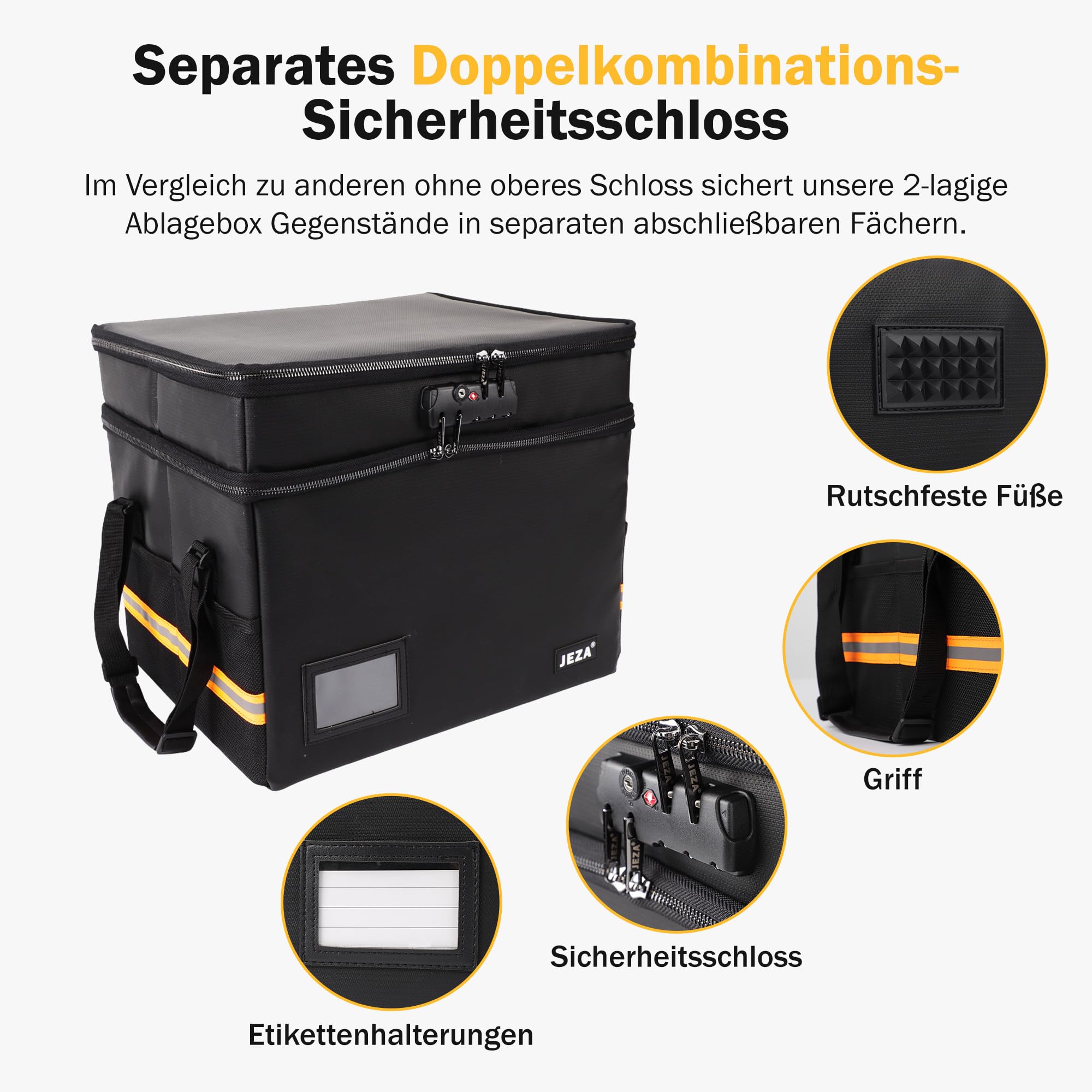 Jeza Feuerfeste und Wasserfeste Dokumentenbox mit Schloss, Faltbare Aufbewahrungsbox für Büro & Zuhause - Sichere Aufbewahrung für Dokumente & mehr - Inklusive 12 gratis Hängemappen