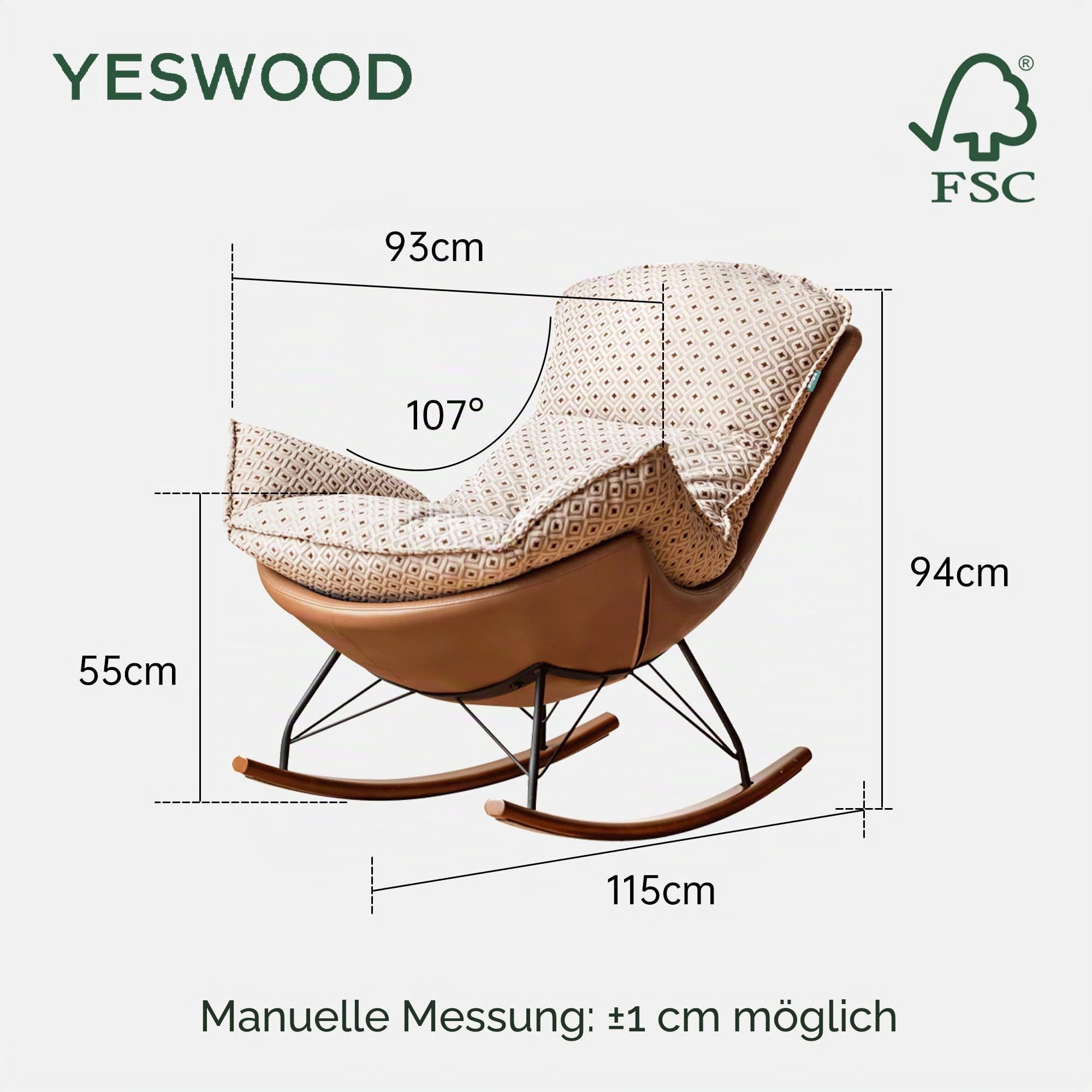 YESWOOD Moderner Schaukelstuhl, eiförmig, gepolstert, Akzentwippe, abnehmbare Kissen, Massivholzbeine und Metallrahmen, Wohnzimmer, Schlafzimmer, Kinderzimmer