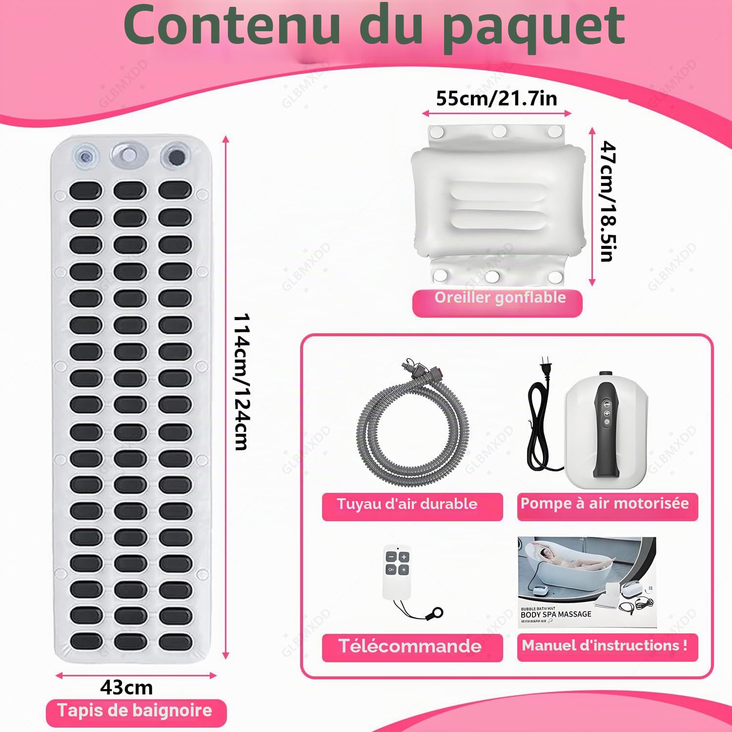 Tapis de Bain à Bulles pour Spa Portable, 6 Vitesses de Bulles, télécommande et ventouses antidérapantes pour Une Relaxation optimale à Domicile. Regular114cm