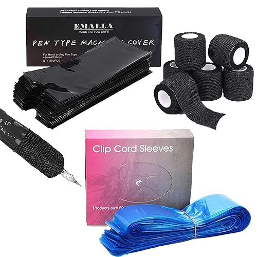 SOTICA 200 cubiertas para bolígrafos de tatuaje, 125 piezas, cubiertas de cordón de clip de tatuaje, 6 unidades de cinta de agarre de tatuaje