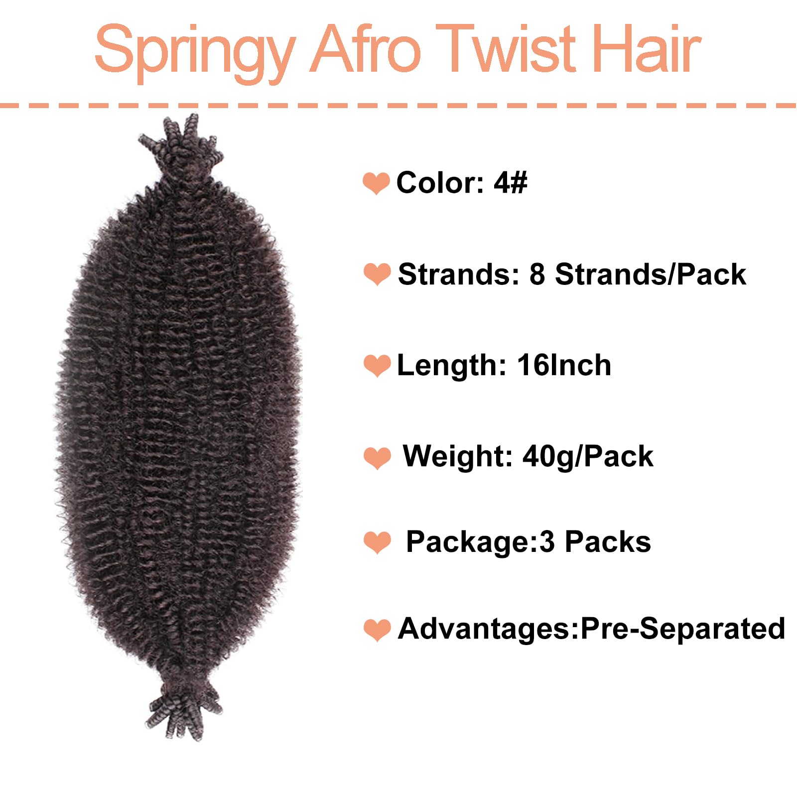 Mscat 16 Inch Pre-Separated Springy Afro Twist Hair 3 Packs Marley Twist Crochet Braiding Synthetic Hair Extensions (8 Strands/Pack,4#) - Image 2