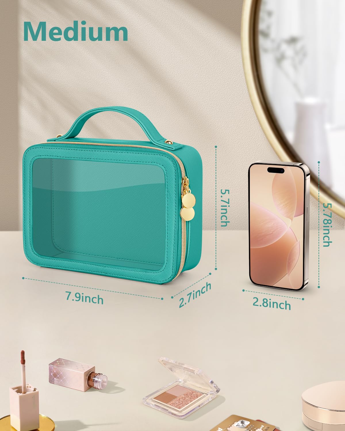 Soimeat Bolsa de maquillaje transparente, bolsas de cosméticos de viaje portátiles, bolsa de aseo multiusos de cuero con cremallera, organizador de cosméticos transparente impermeable para mujeres,