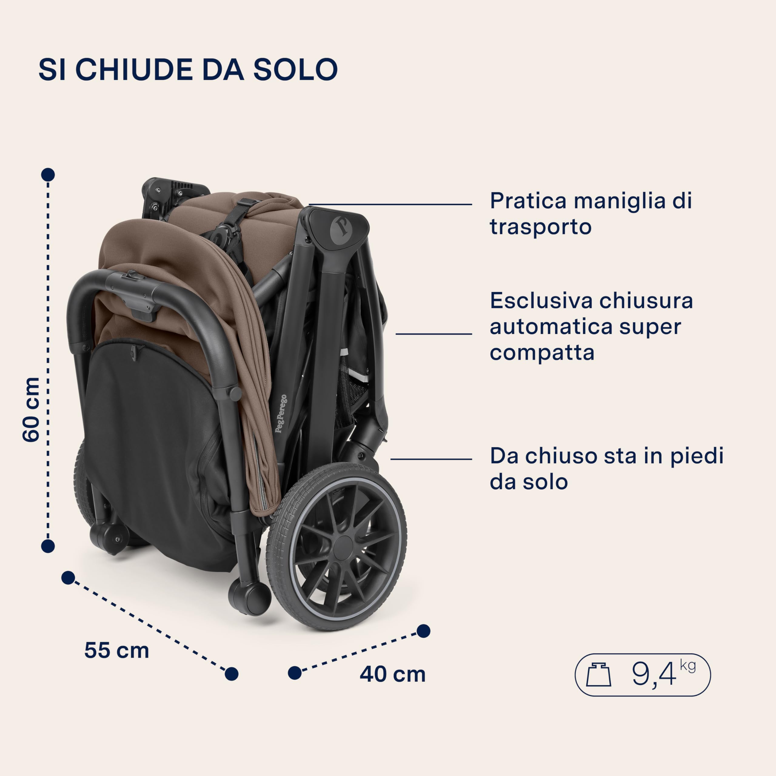 PEG X-Country Passeggino Fuoristrada Leggero Off-Road, Parapioggia Incluso, Ruote XL All-Terrain Ammortizzate, Schienale Reclinabile, Chiusura Automatica, 0-22 kg, Pine Bark