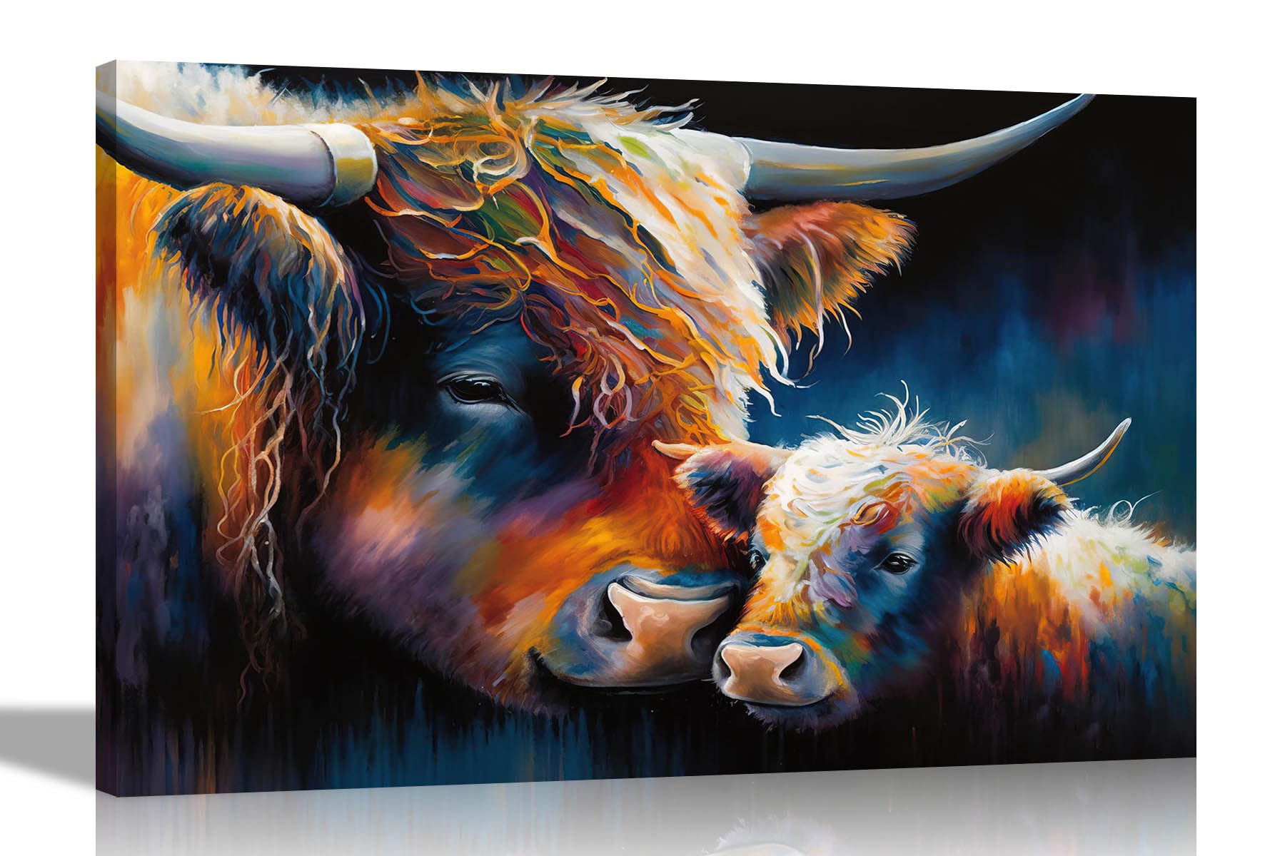 Artley Prints Loving Highland Cow And Child - Loving Highland Cow And Infant Colourful Canvas Pictures For Living Room - Wall Art For Bedroom, Hallway - Modern Prints 51 X 35Cm (20 X 14 Inches)