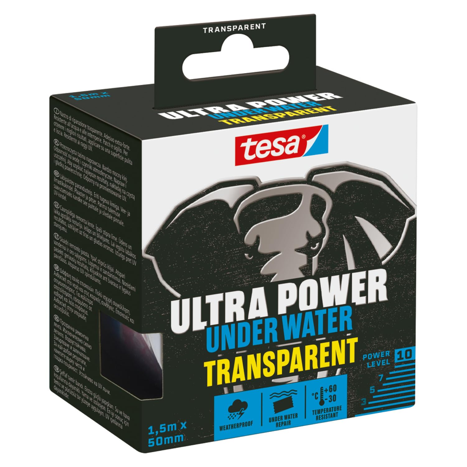 tesa Ultra Power Under Water Transparent - wasserfestes Klebeband - Abdichtungsband für Pool, Zelt und Dachrinne - starke Klebeleistung für Reparaturen sogar unter Wasser - 1 x Rolle - 1,5 m x 50 mm