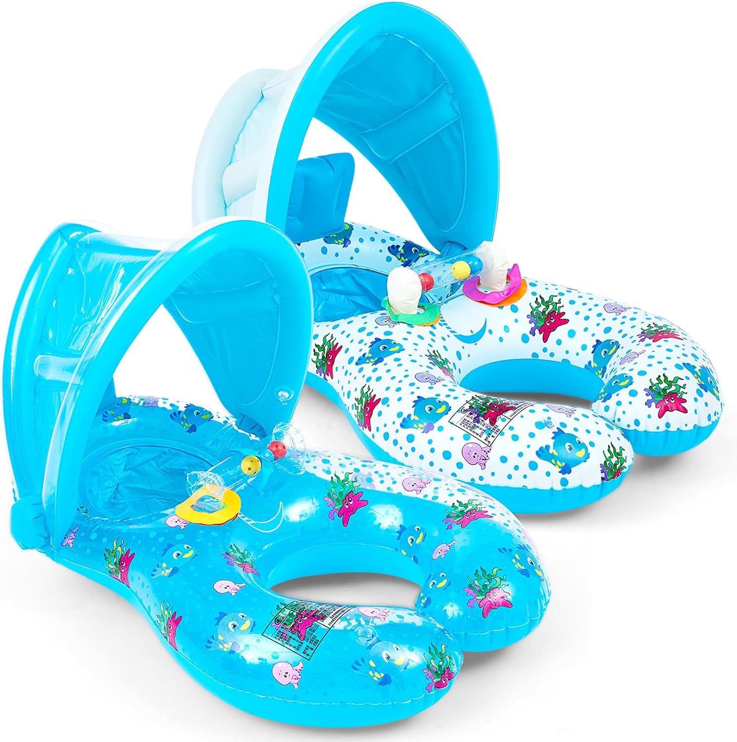 2 Pcs Mommy and Baby Parent Child Double Person Inflatable Float Inflatable Baby Float with Canopy Removable Infant Water Float Infant Swimming Ring for Baby and Mom Summer Pool Supplies