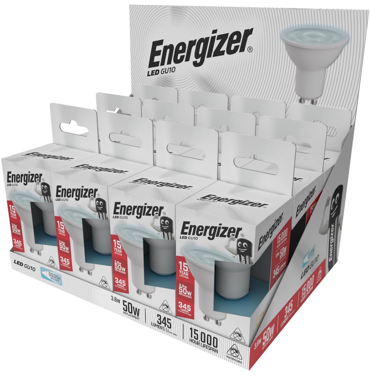 Energizer GU10 LED Bulb 3.6W Replaces 50W Daylight (6500k) 345 Lumens Non-Dimmable Spotlight. Box of 12 Bulbs.