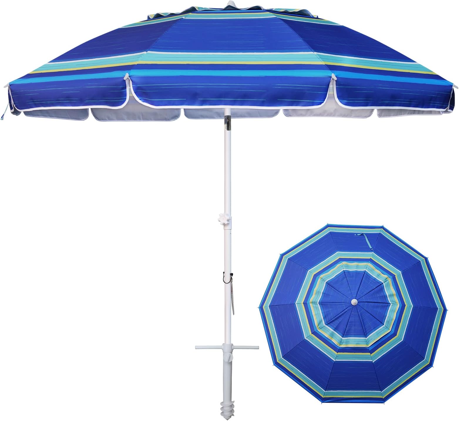 8 Feet Large Beach Umbrella with Sand Anchor Heavy Duty High Wind Portable Outdoor Umbrellas UV 50+ Protection Air Vent Tilt Patio Garden Pool