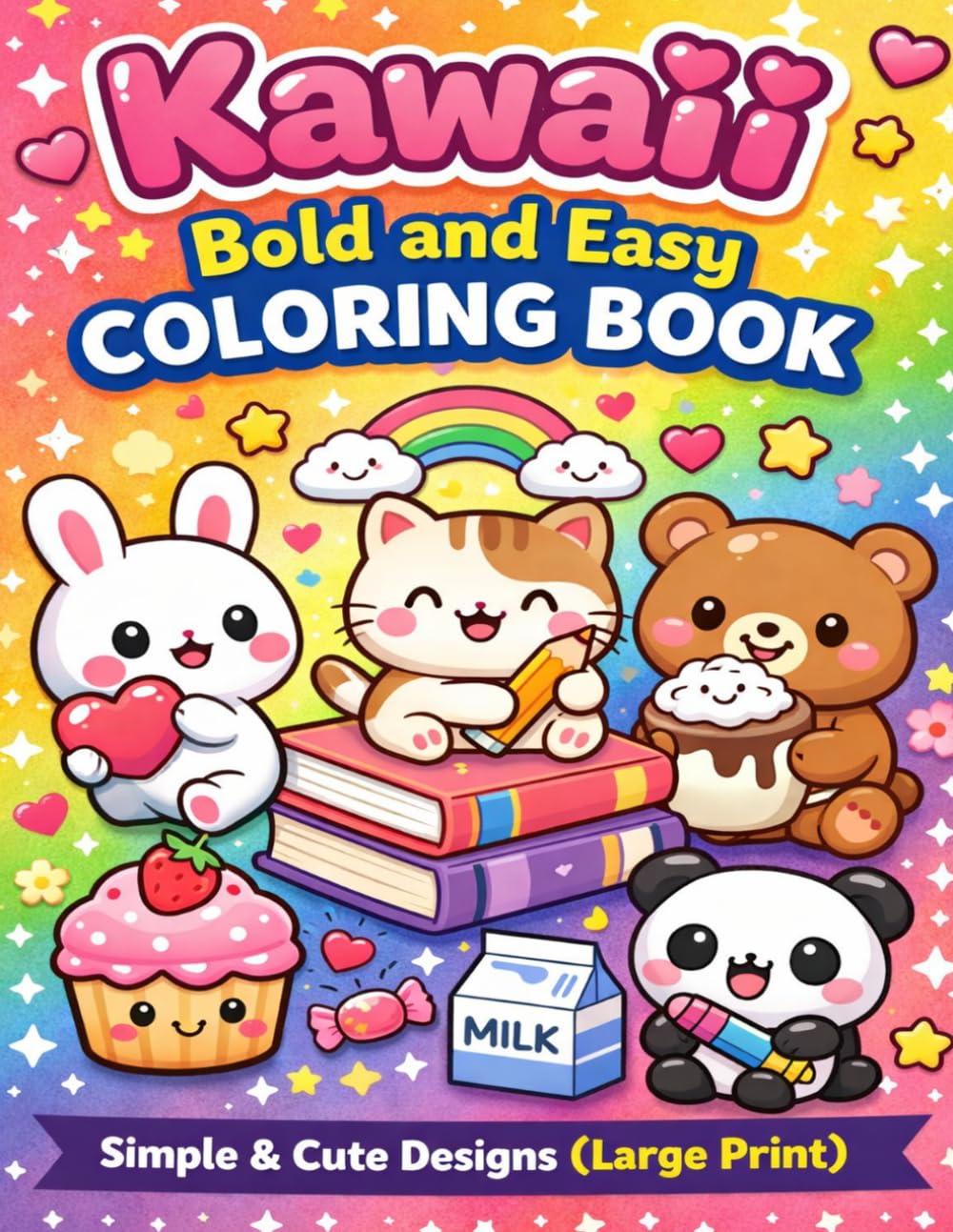 Kawaii Bold and Easy Coloring Book Simple & Cute Designs (Large Print): Stress Relief, Beginners, Seniors, and Kids (Cozy Kawaii Style)