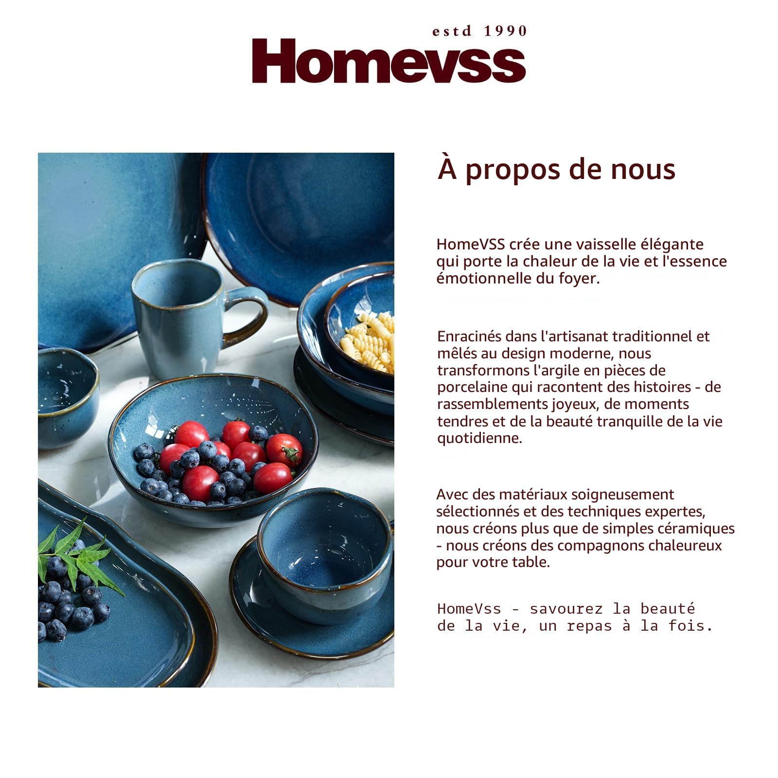 Highland Service de table 16 pièces pour 4 personnes, double bol, assiettes et bols en grès résistant aux rayures, passe au micro-ondes et au lave-vaisselle - Vernis naturel réactif - Bleu