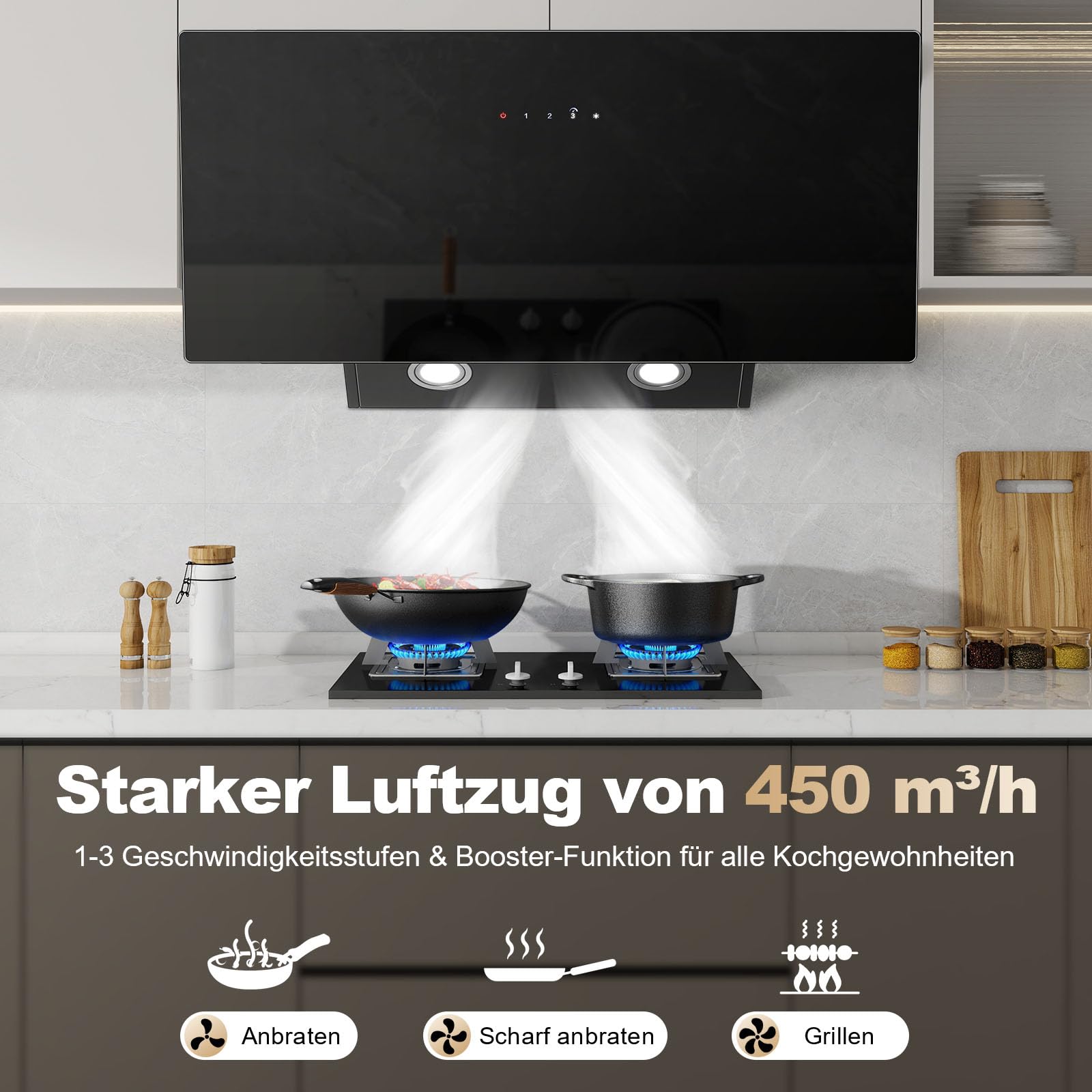 TopStrong Cappa aspirante 90 cm, Cappa Cucina Inclinata 90cm con Filtro a Carboni, 450 m³/h, Ricircolo & Canalizzazione, 3 Livelli di Regolazione + Booster, 58 dB, LED, Nero, Efficienza A+++ - 4