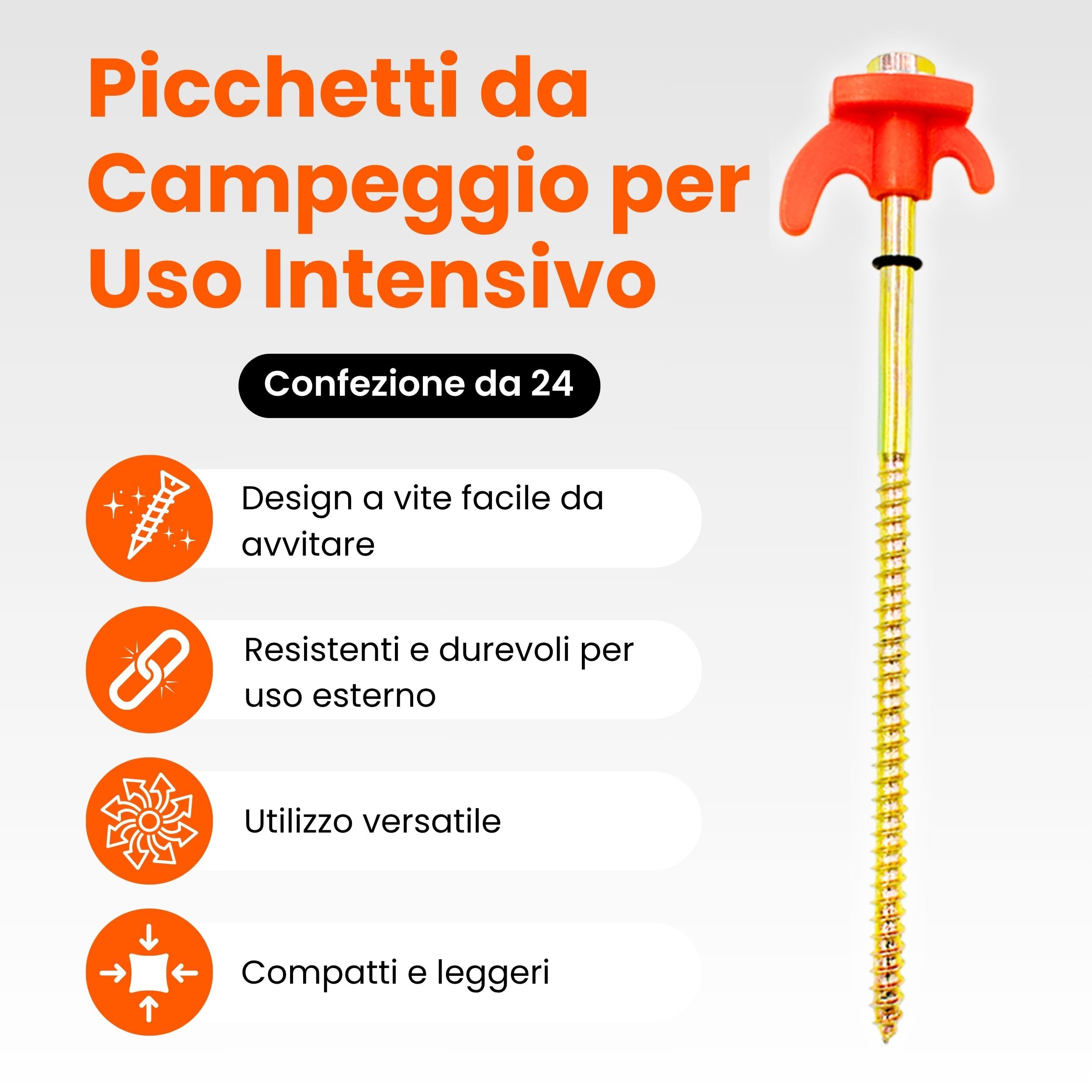 24 Pacco di Picchetti Tenda Campeggio in Metallo per Terreni Duri - Picchetti per Tenda Arancioni a vite Pesanti, Picchetti Campeggio, Picchetti Ancoraggio (20,5cm)