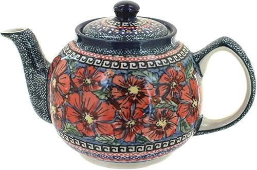 Tetera mediana con diseño de flor de selva de cerámica polaca rosa azul