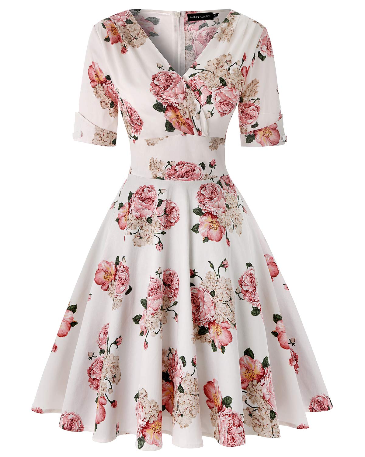 MINTLIMIT Women's V-Neck Floral Half Sleeve Midi Fit Flare Retro Dress Cocktail Dresses (Floral White,Size XL)