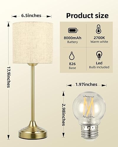 Miniatura 2 de Lámpara de mesa inalámbrica, 8000 mAh, regulable, luz ambiental, 2700 K, control táctil, portátil, LED, inalámbrica, recargable, funciona con pilas,