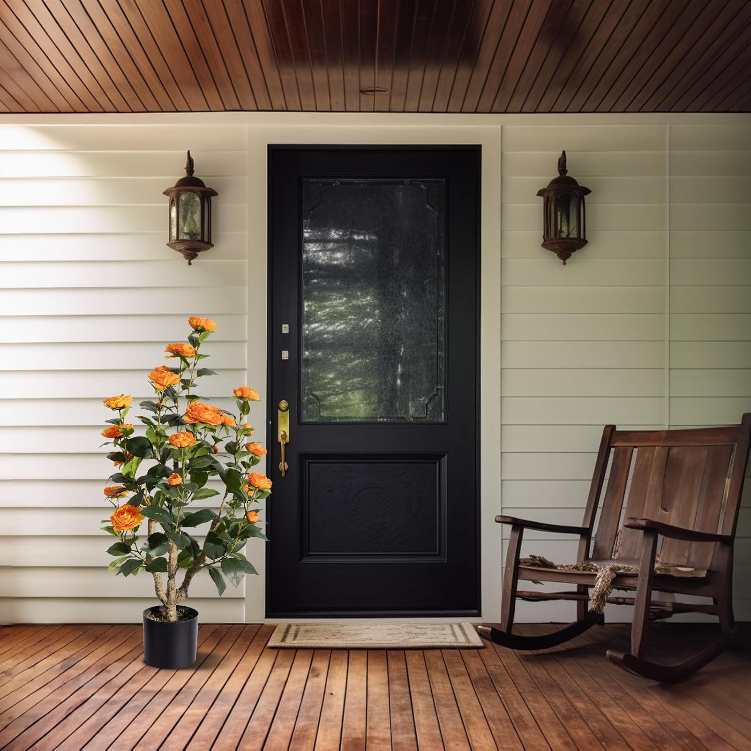 MARCH WIND 3FT Orange Yellow Artificial Camellia Plants 2 Pack with Pots, Faux Flowering Tree for Indoor Outdoor Home Decor, Tall Fake Potted Plant for Balcony, Patio, Living Room