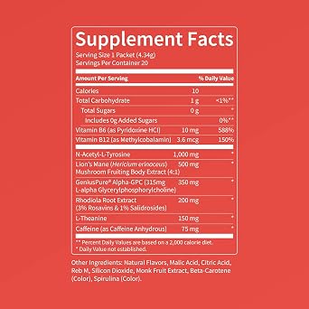 Nello Superfocus Nootropic Focus Drink Mix for Productivity, L-Theanine, Rhodiola Rosea, Alpha-GPC, Lions Mane, Tyrosine, Sugar-Free Packets (20 Servings (Caffeine), Apple Rush)