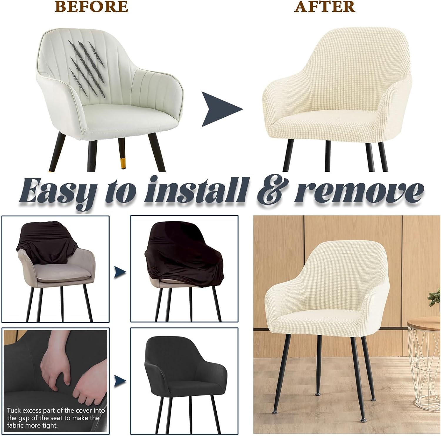 Curved Back Accent Dining Room Chair Covers Slipcovers with Arms Set of 1/2/4/6 Stretch Swivel Office Desk Bar Stool Armchair Covers Protector for Vanity Kitchen Seat Cover for Chair