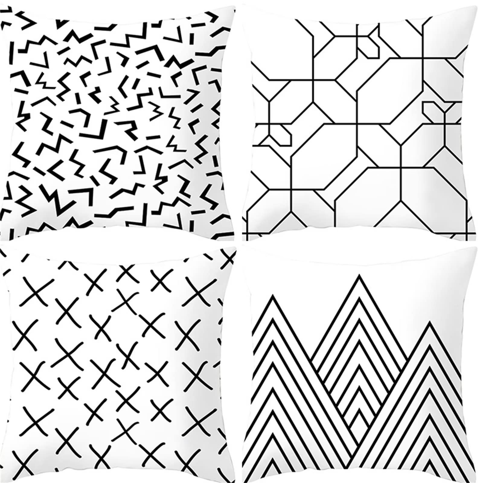 Cojines 65x65cm Líneas Blancas y Negras Cojines Decorativos para Sofa Moderna Decorativa Cojín Juego de 4 para Decoración Hogar Soft Almohadas cuadradas Funda de Cojín D-1802