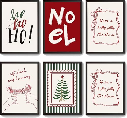 6 piezas de decoración de pared de Navidad de moda, retro, festivo, estilo bohemio, estilo bohemio, impresiones de imágenes estéticas navideñas para