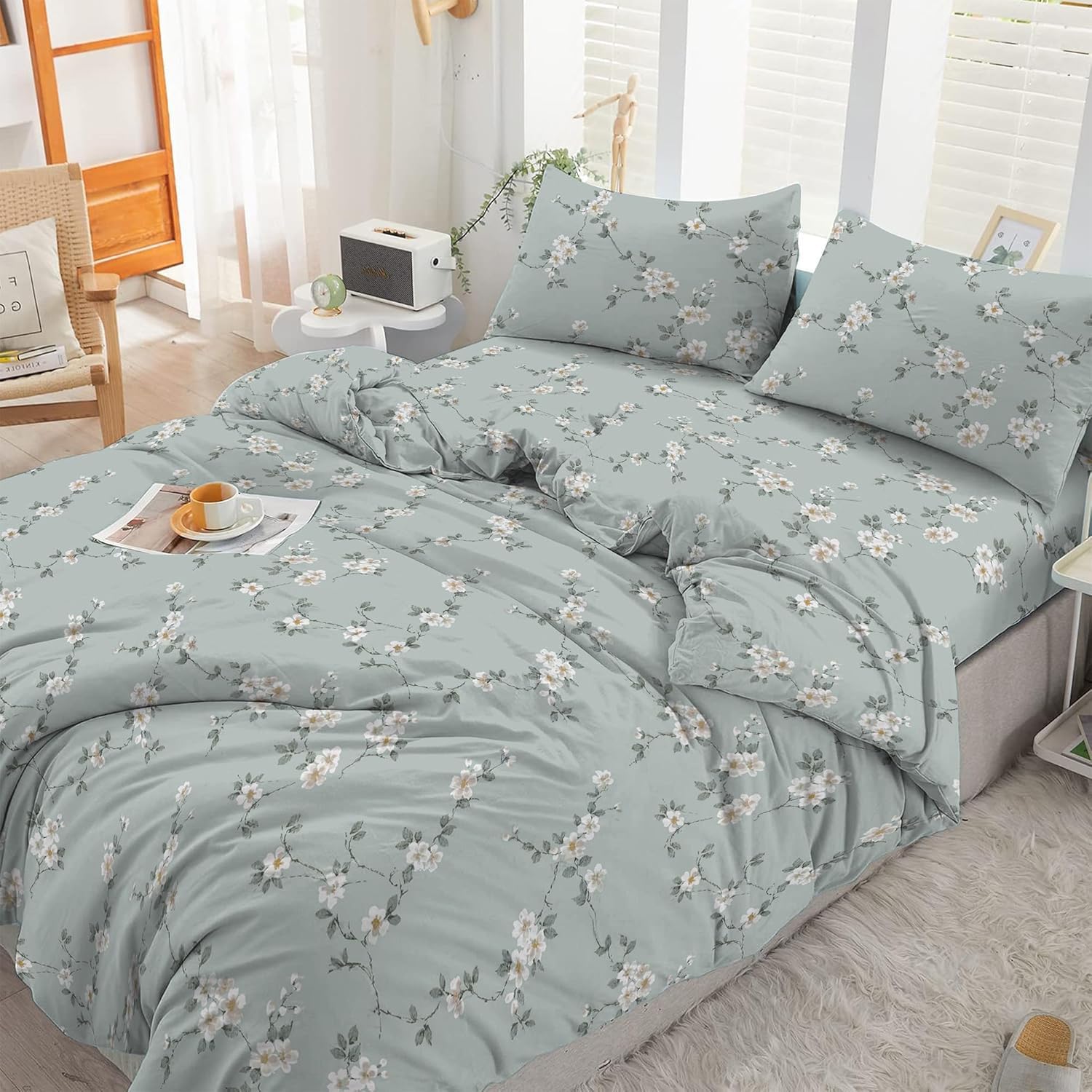 Reliancebedding 4-Piece Super King Size Duvet Cover Set – 100% Egyptian Cotton, 400 Thread Count Floral Print, Soft Luxury Duvet Cover with Fitted Sheet & Pillowcase — image 1