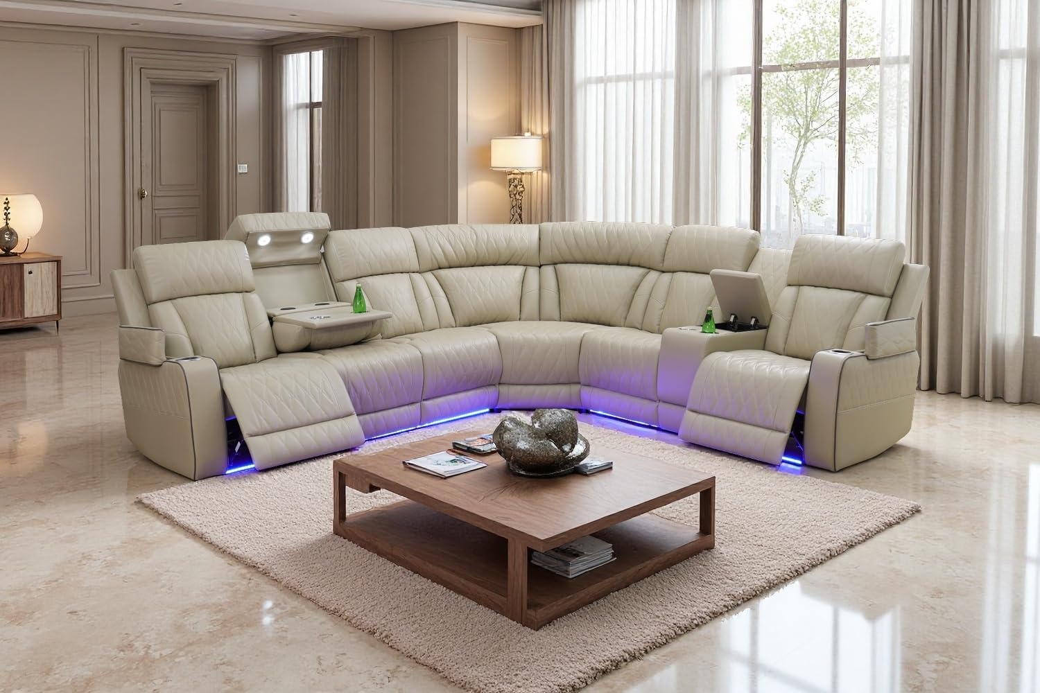 Living Room Furniture Sets, Power Recliner Sectional Sofa with LED Light for Living Room, Leather Reclining Sectional Couches Set, Cup Holder, Storage Console for Home Theater Seating