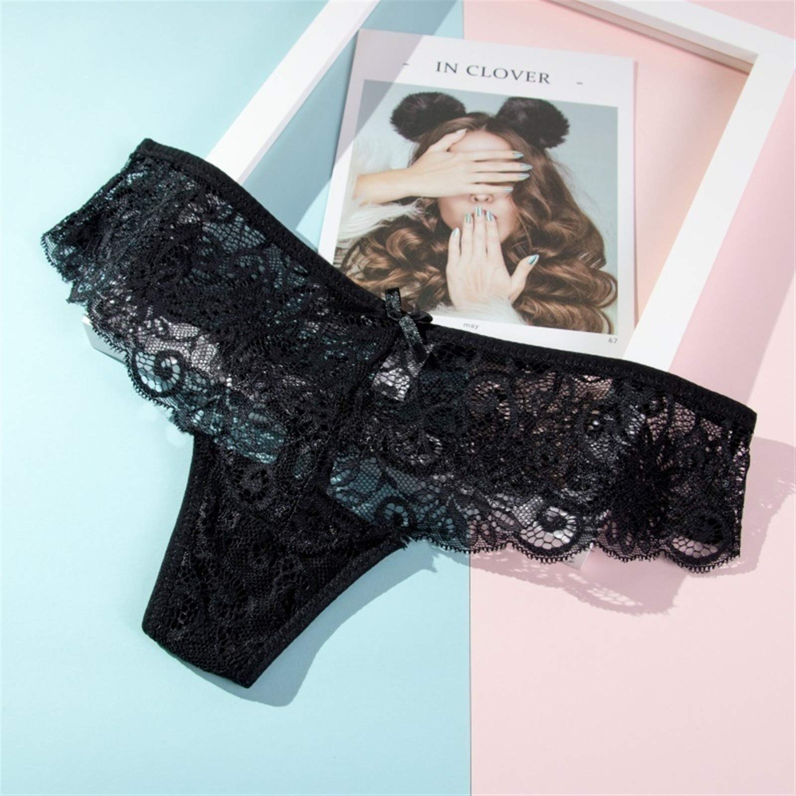 Sexy Kant Slipje Vrouwelijke Ondergoed String Bloemen Kant Vrouwen Lingerie Ademend Slips Lage Taille G-string Transparant (Color : Black, Size : Medium